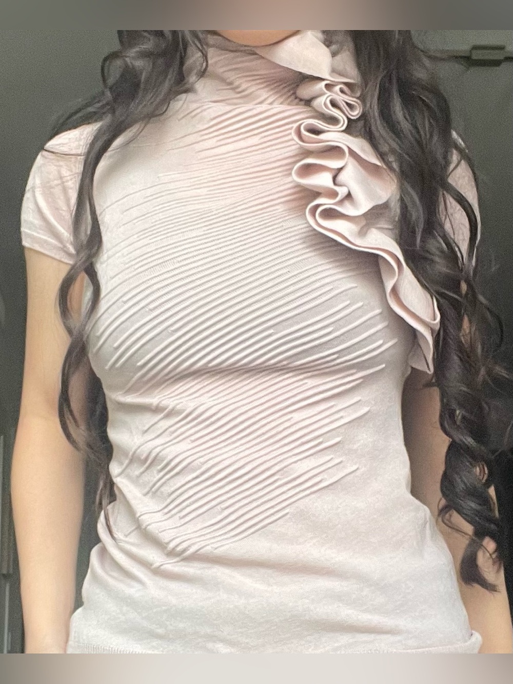 RED Valentino Pale Pink Ruffle Mock Neck Short Sleeve Top